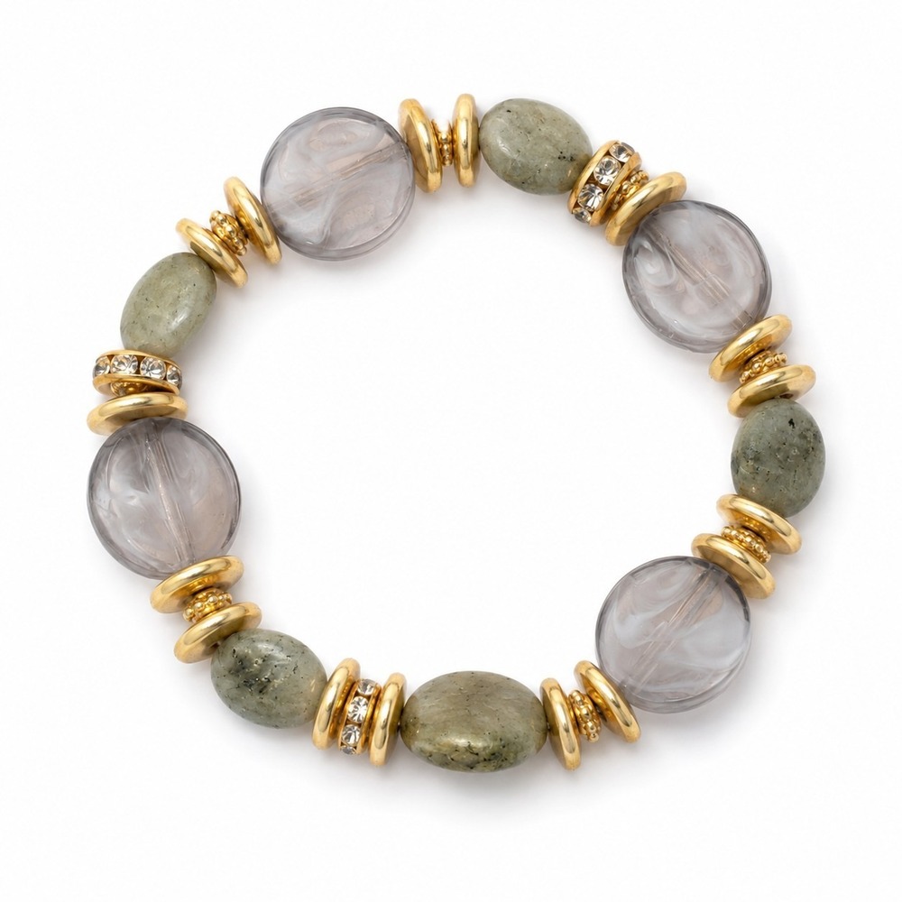 J. Jill Semi‎ Precious Beaded Stretch Bracelet Gold Tone Gray Green Stone Boho